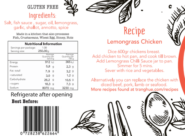 Lemongrass Chilli Sauce - 250g (Mild) - Trang Hue Marinades and Sauces